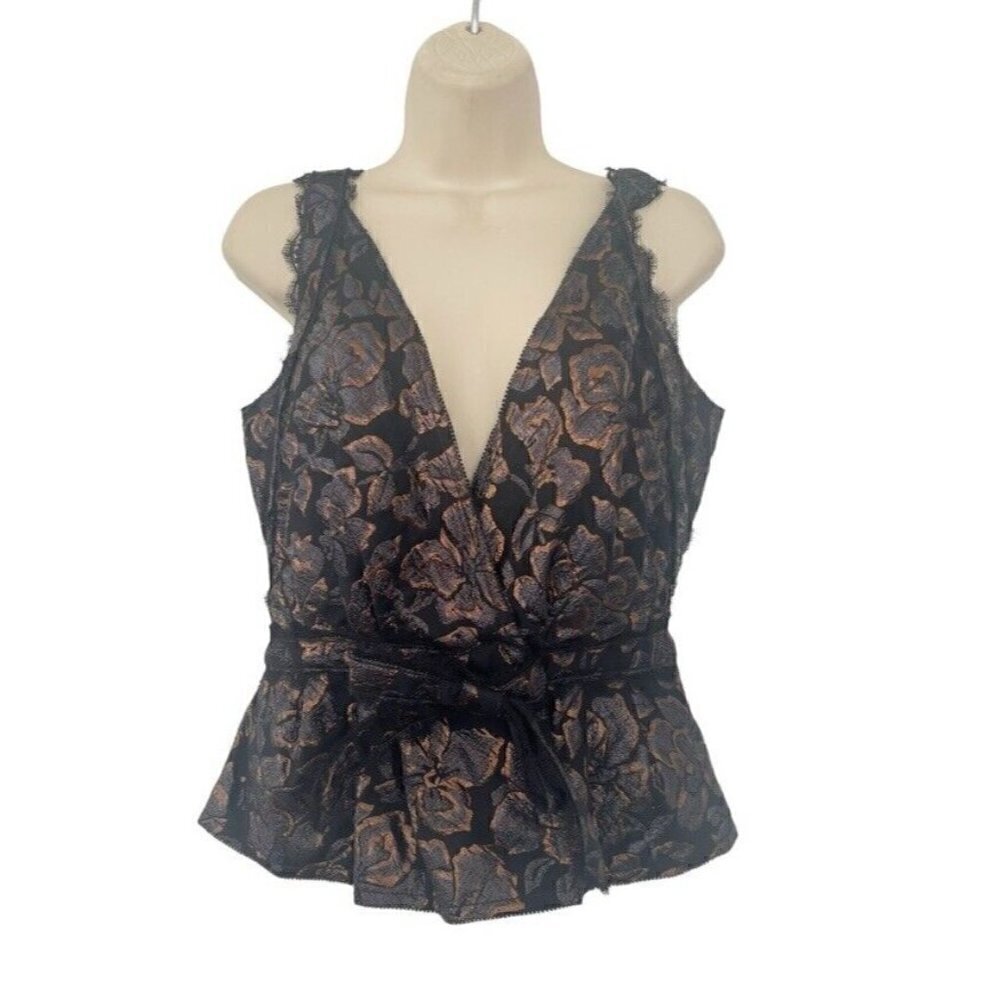 Nina Ricci Womens Sz S Black Gold Metallic Sleeveless Peplum Belted Blouse